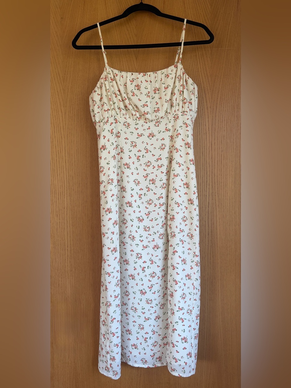 Romantic Cream Midi-length Dress with Pink Floral Print